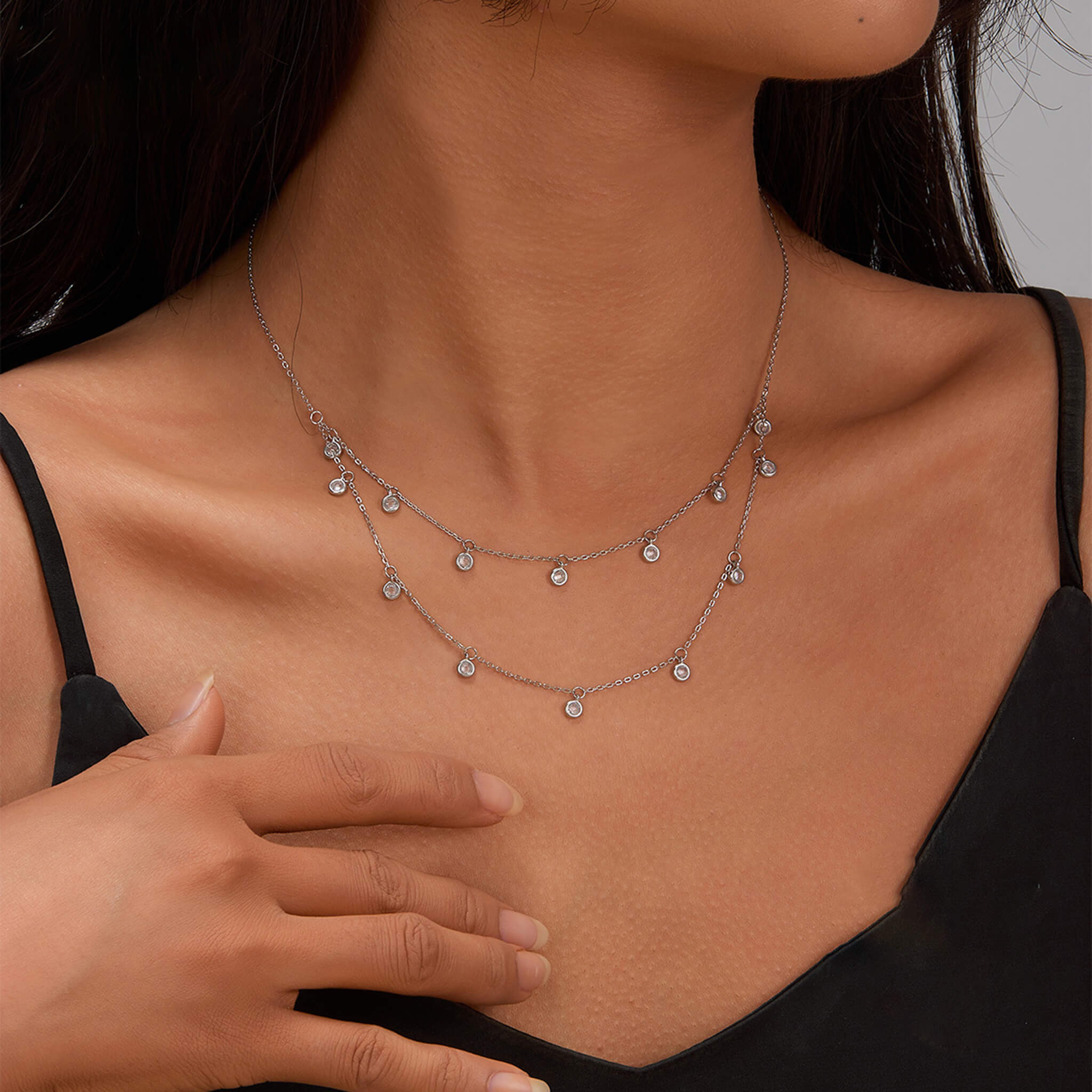 Versatile Minimalist 925 Silver Double-Layer Cubic Zirconia Necklace  UponBasics   