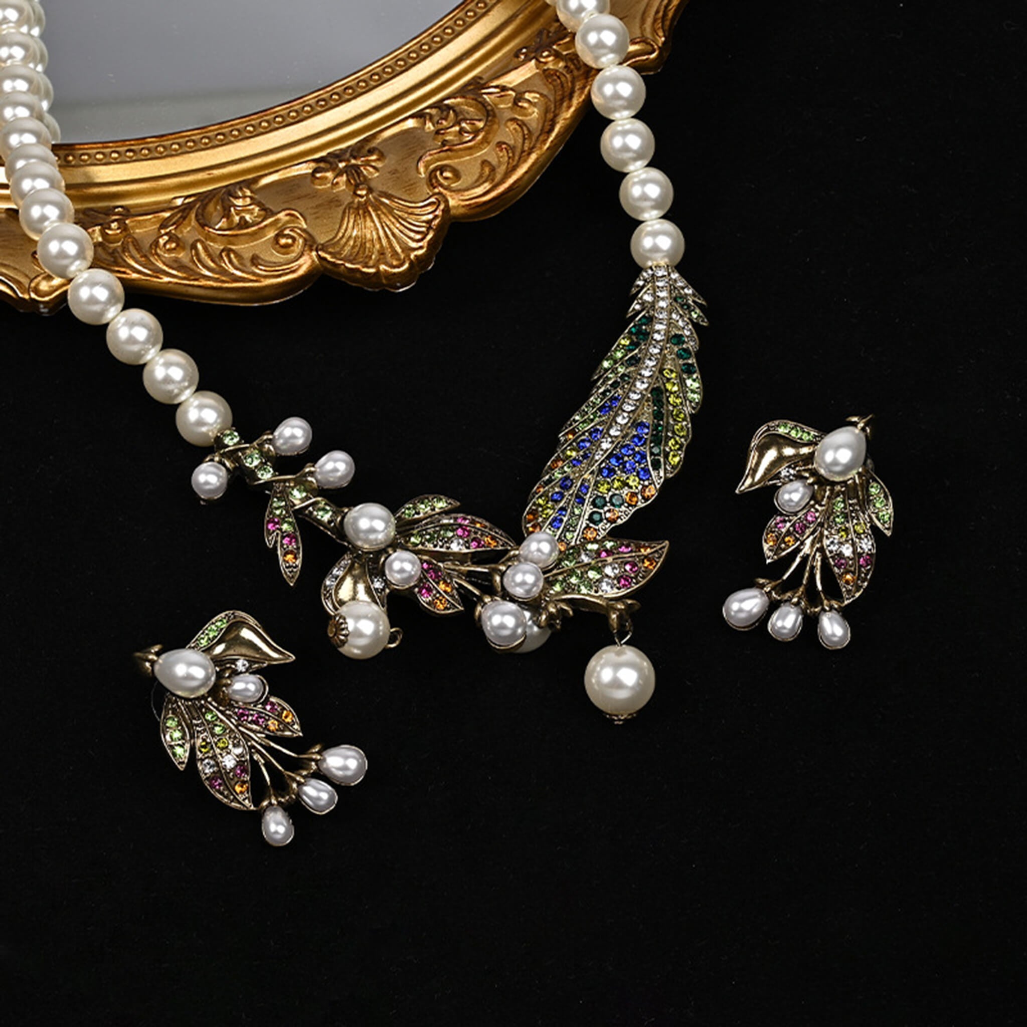 Vintage and Majestic Glass Bead Necklace and Leaf Earrings Set  UponBasics   
