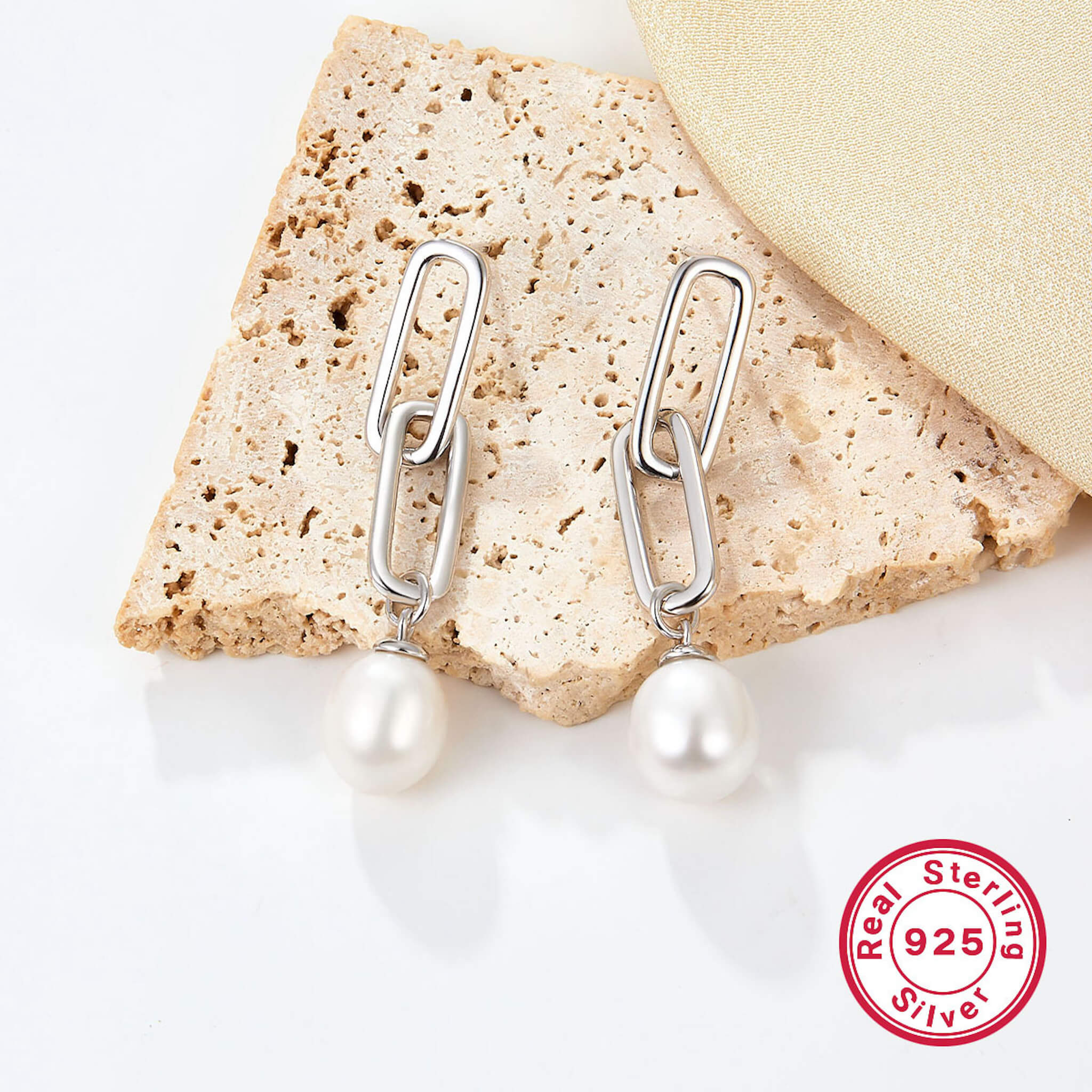 925 Silver Long Hoop Earrings with Natural Pearl Accent  UponBasics   