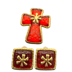 Jelly-tone Clover Brooch and Earrings Set in Vintage Court Style  UponBasics 2PCS-SET Red 