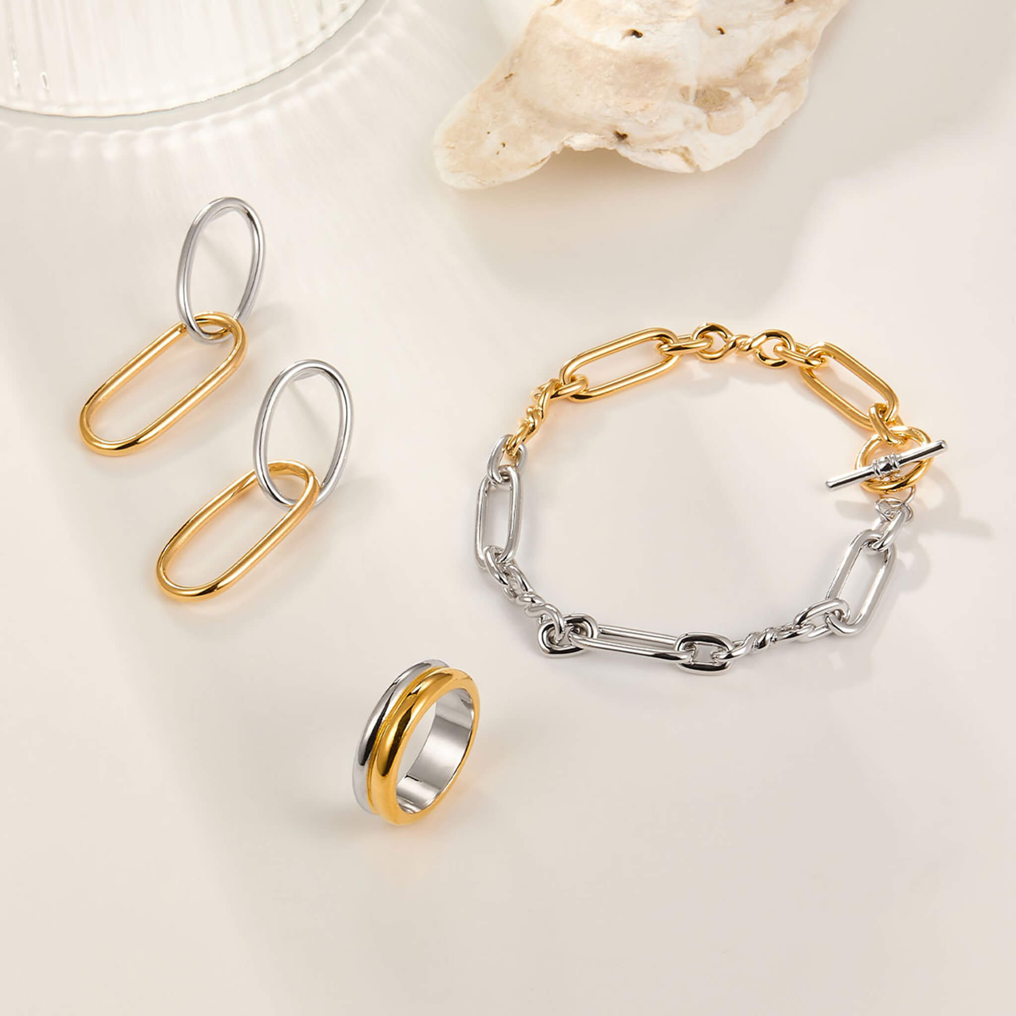 Vintage 925 Silver Geometric Bicolor Ring Earrings Bracelet Necklace Set  UponBasics 3PCS-SET Bicolor 