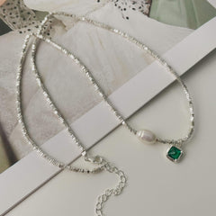 925 Silver Crushed Silver Green Zircon Necklace and Bracelet Set  UponBasics   