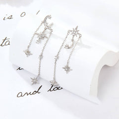 925 Silver Long Asymmetrical Star and Moon Tassel Earrings  UponBasics   