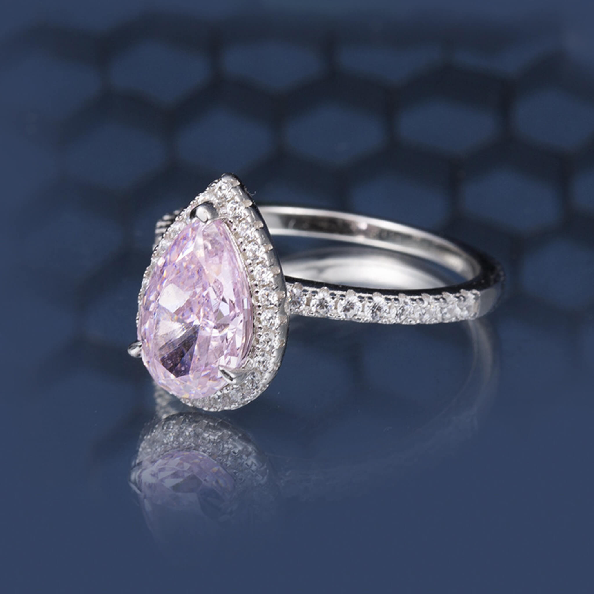 S925 Silver Teardrop-Shaped High Carbon Rhinestone Ring  UponBasics Pink 5# 