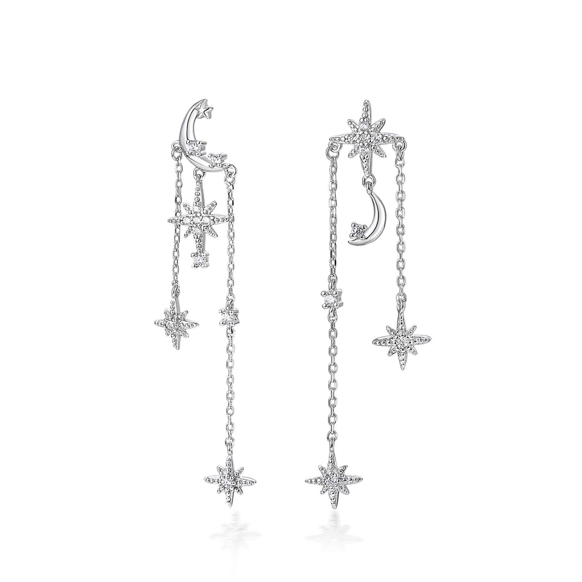 925 Silver Long Asymmetrical Star and Moon Tassel Earrings  UponBasics Silver 925 Silver 