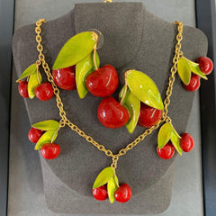 Fresh and Elegant Cherry Red Dripping Oil Necklace and Earrings Set  UponBasics   