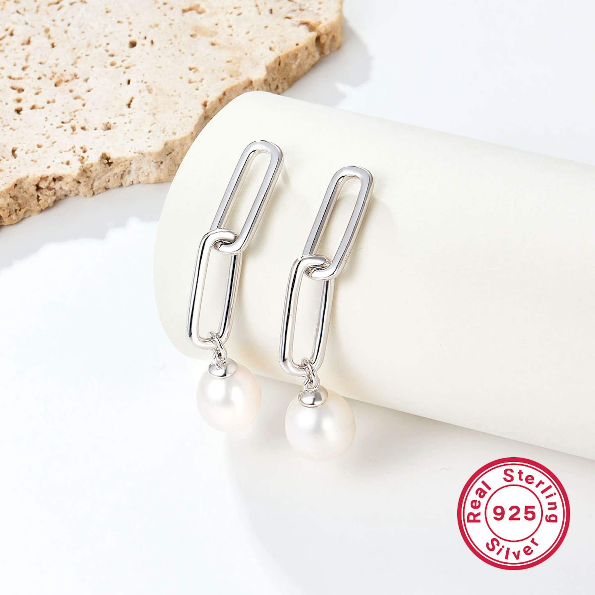 925 Silver Long Hoop Earrings with Natural Pearl Accent  UponBasics Silver-B1  