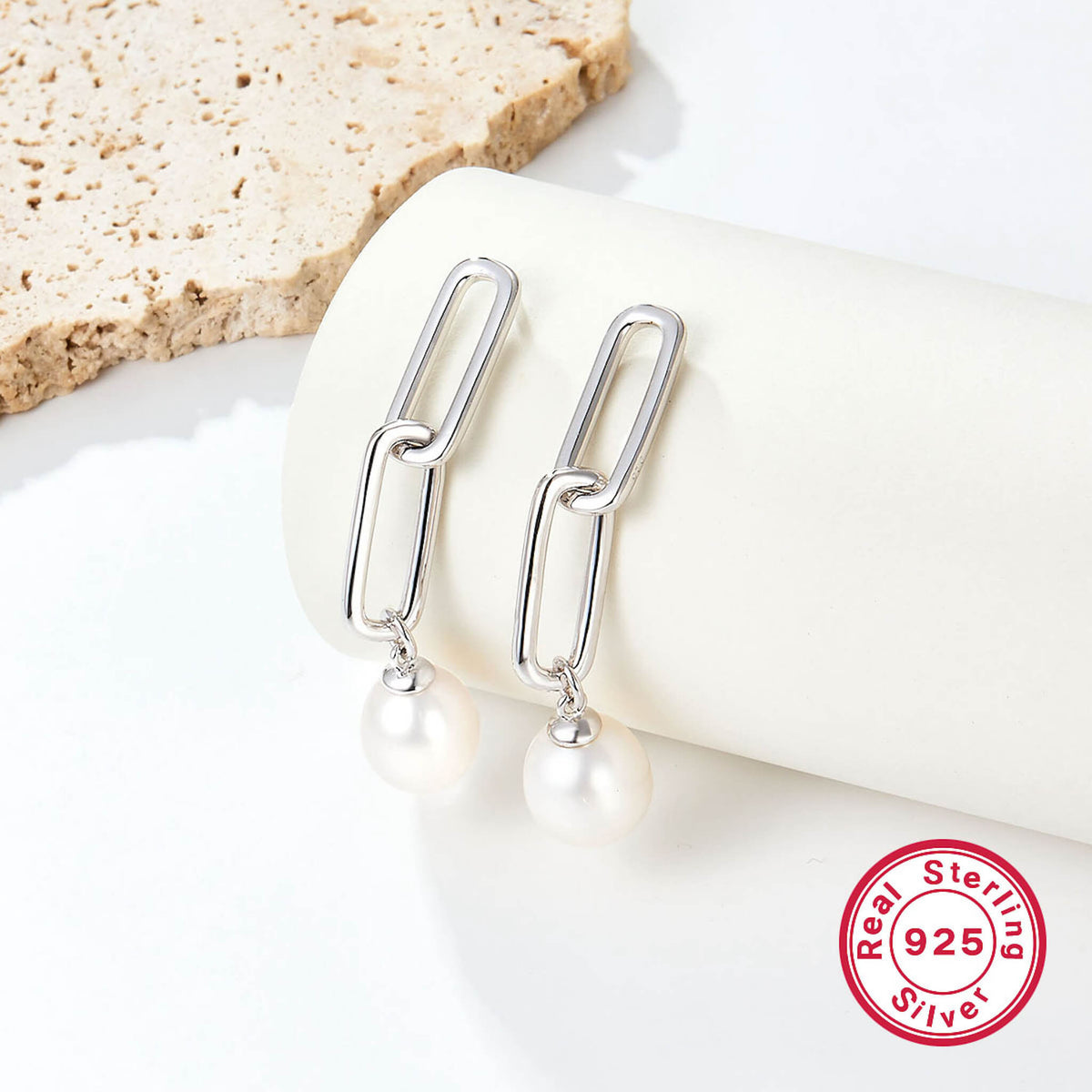 925 Silver Long Hoop Earrings with Natural Pearl Accent  UponBasics Silver-B1  