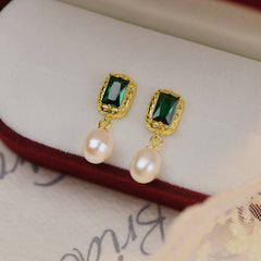 925 Silver French Vintage Green Zircon Freshwater Pearl Elegant Courtly Earrings  UponBasics   