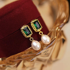 925 Silver French Vintage Green Zircon Freshwater Pearl Elegant Courtly Earrings  UponBasics   