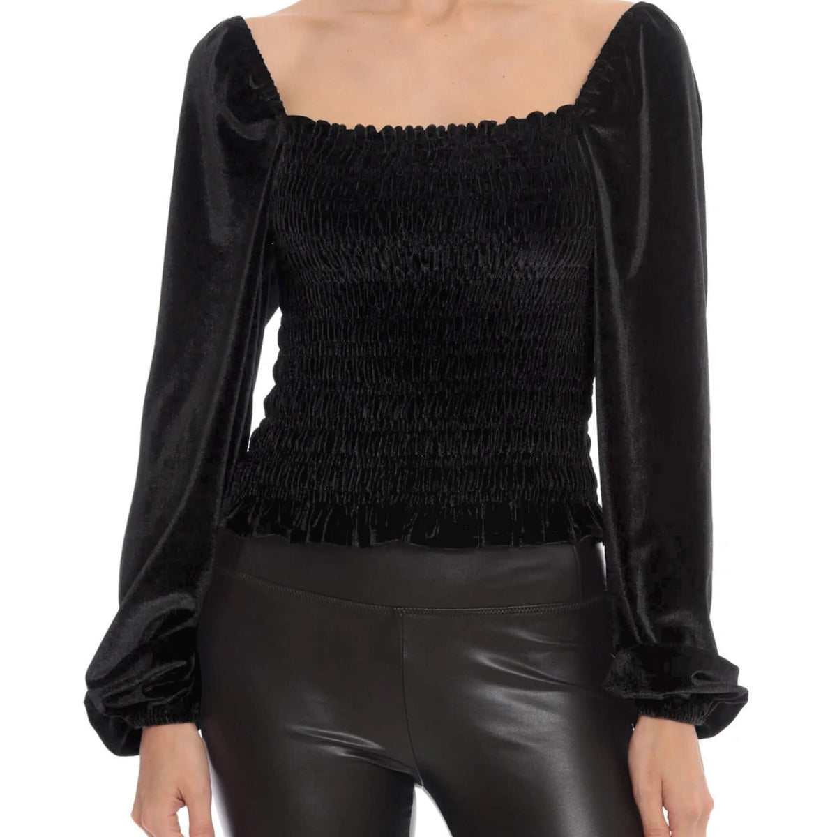 Square Neck Velvet Long Sleeve Top  UponBasics Black XS 