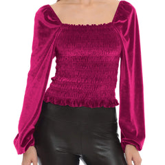 Square Neck Velvet Long Sleeve Top  UponBasics Rose Red XS 