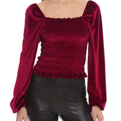 Square Neck Velvet Long Sleeve Top  UponBasics Wine Red XS 