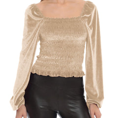 Square Neck Velvet Long Sleeve Top  UponBasics Beige XS 