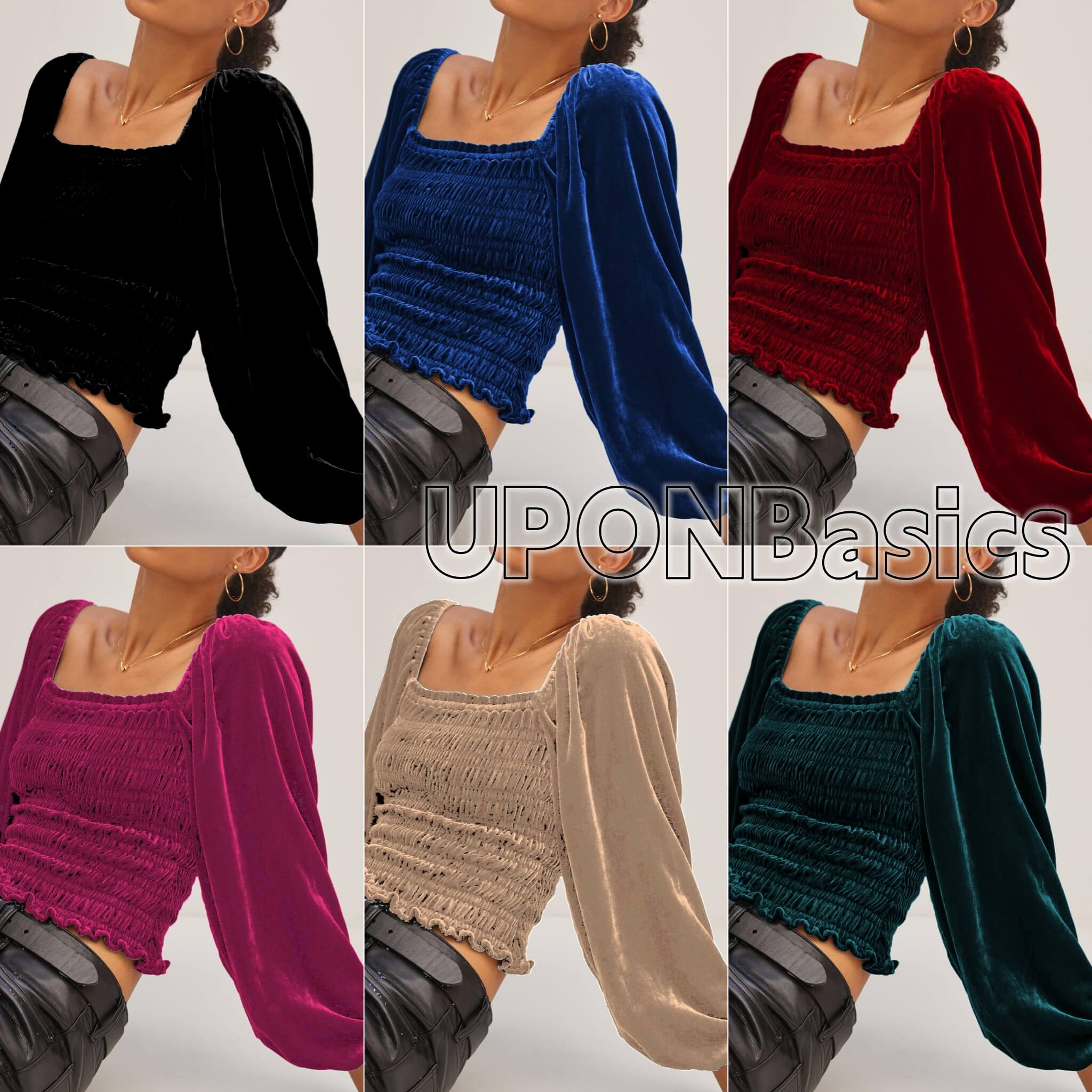 Square Neck Velvet Long Sleeve Top  UponBasics   