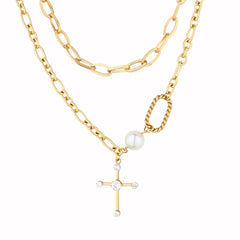 2-Layer Pearl Cross Pendant Long Necklace | Sweet Cool LOVE Bracelet in Trendy Chic Style  UponBasics Cross Golden 