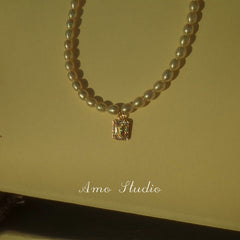 925 Silver Water Drop Square Rhinestone Pearl Necklace  UponBasics   
