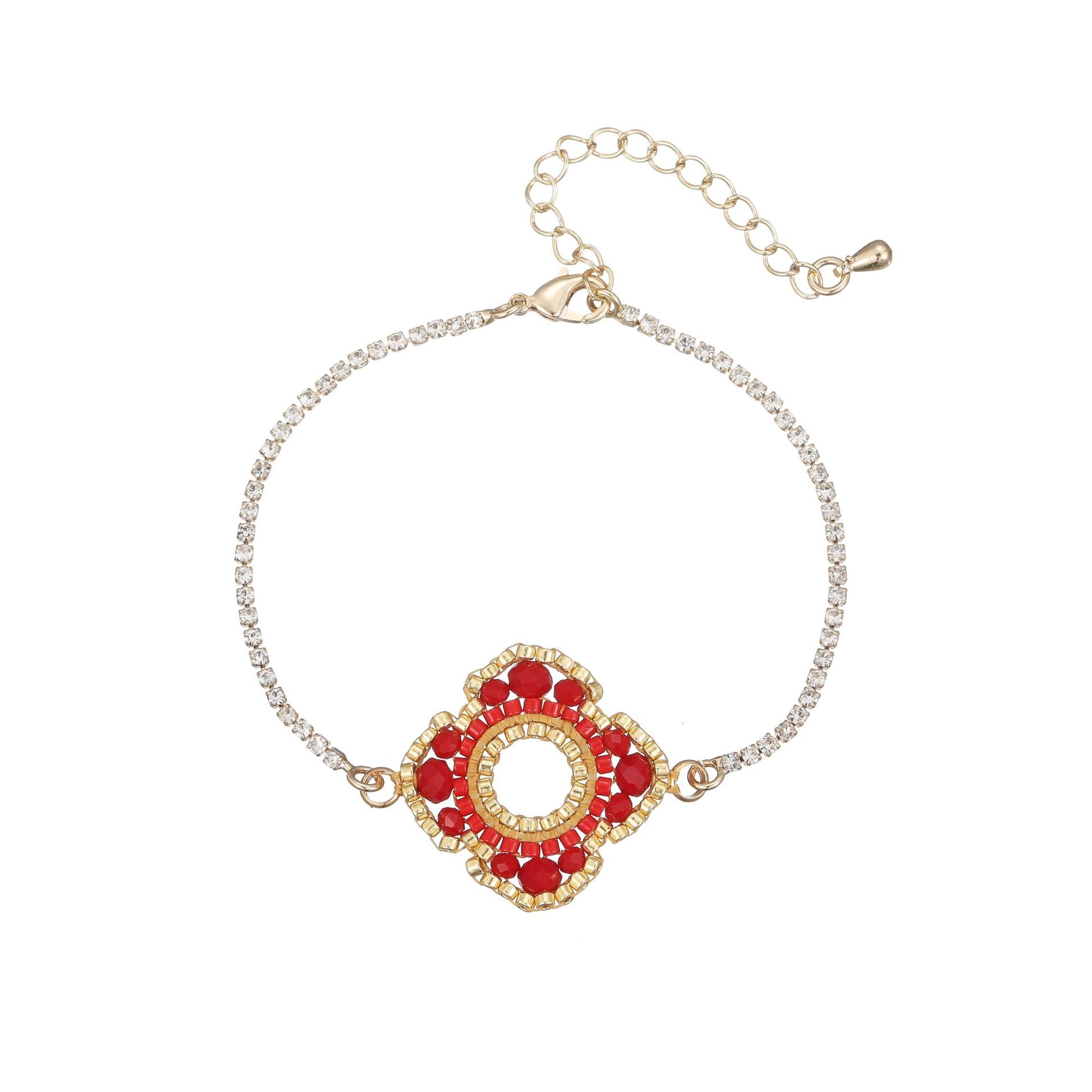 Unique Ethnic Style Creative Flower Design Woven Rice Bead and Rhinestone Bracelet  UponBasics Red  
