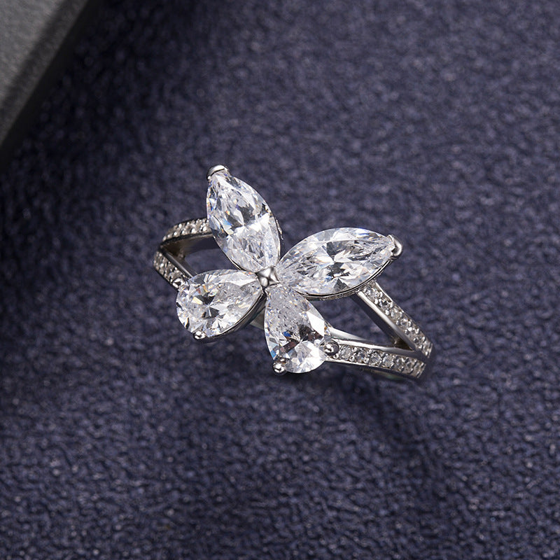 S925 Silver Butterfly Design High Carbon White Rhinestone Ring  UponBasics White 5# 