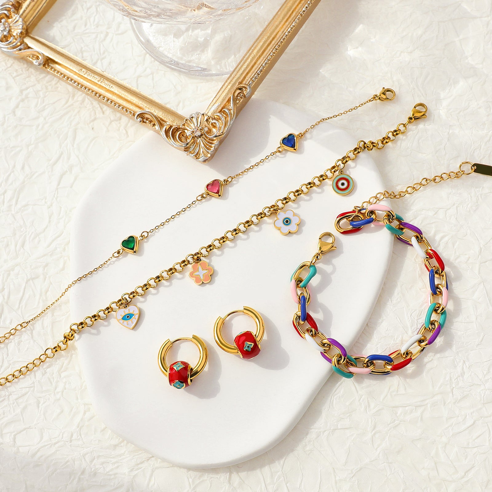 Edgy Hip-Hop Trendy Colorful Drip Oil Bracelet and Enamel Earrings  UponBasics   