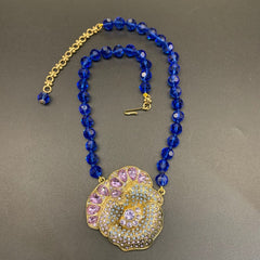 Vintage Sapphire Blue Flower Shaped Glass Necklace  UponBasics Blue  