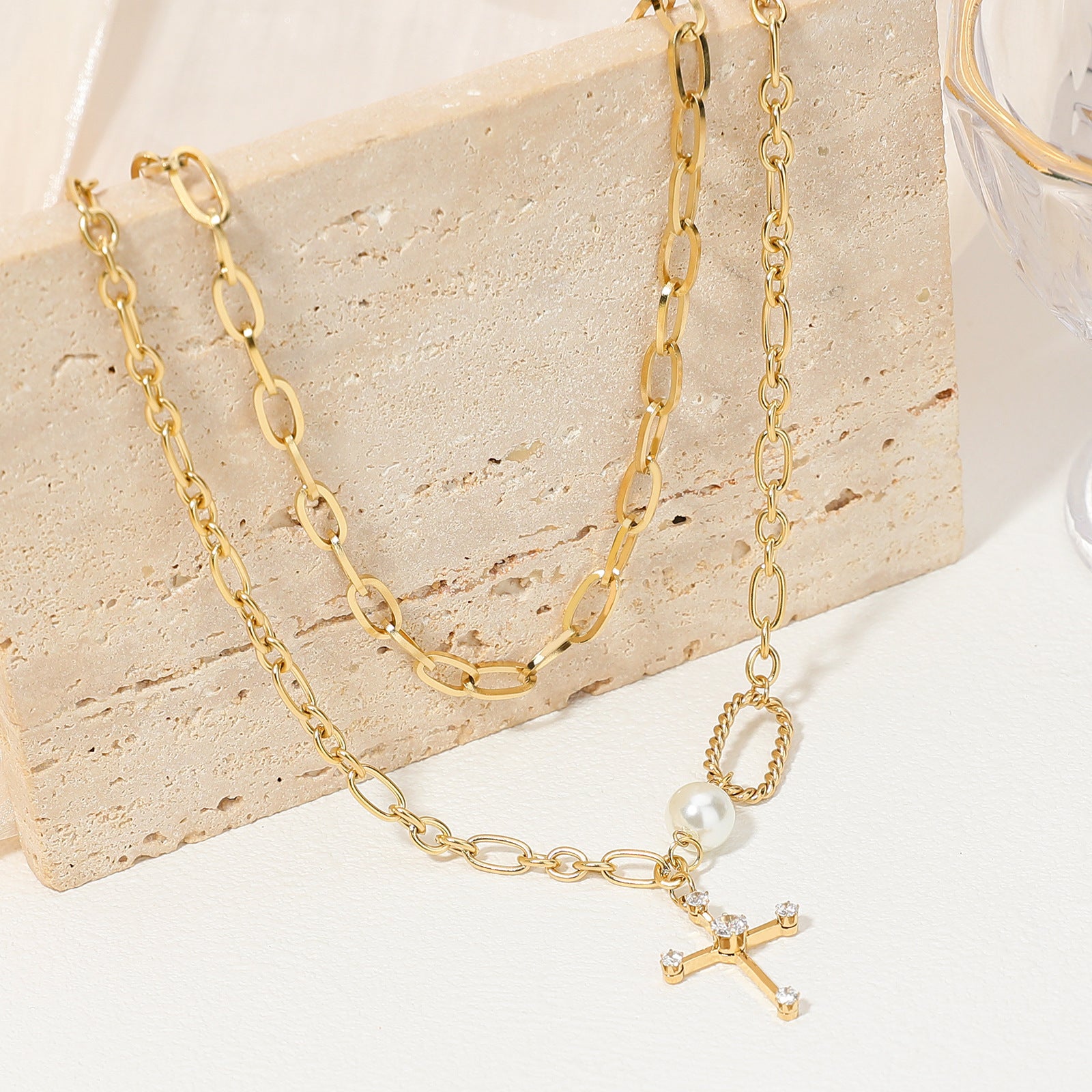 2-Layer Pearl Cross Pendant Long Necklace | Sweet Cool LOVE Bracelet in Trendy Chic Style  UponBasics   