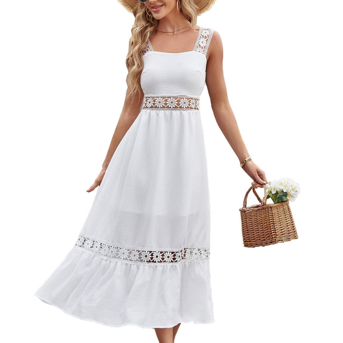 Women's Lace Patchwork Square Neck Slip Dress  UponBasics White S 
