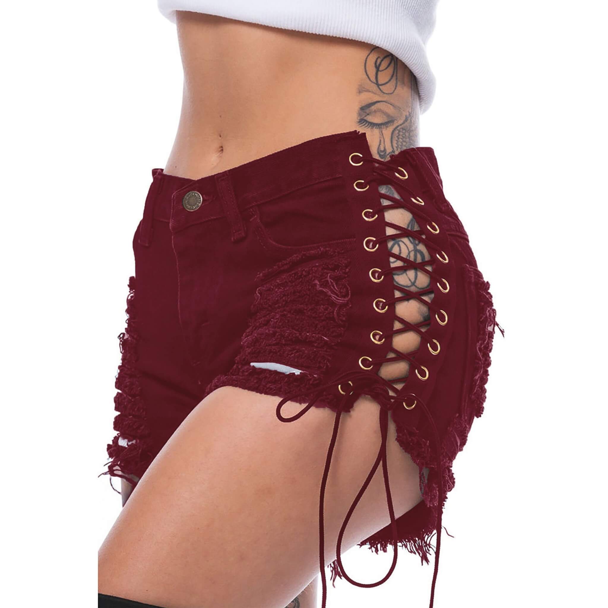 Women's Ripped Side Eyelet Bandage Shorts  UponBasics Burgundy S 