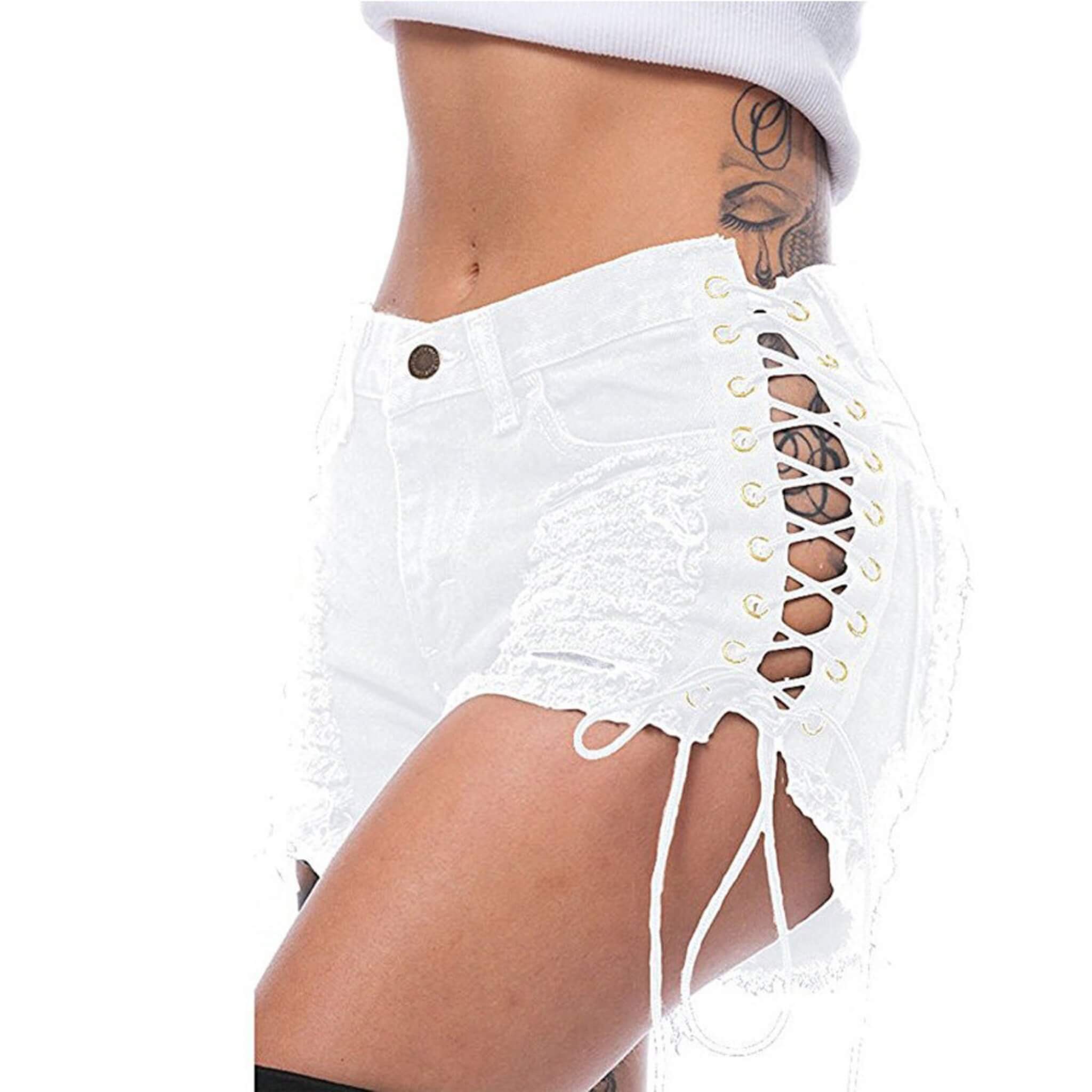 Women's Ripped Side Eyelet Bandage Shorts  UponBasics White S 