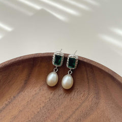 925 Silver French Vintage Green Zircon Freshwater Pearl Elegant Courtly Earrings  UponBasics   