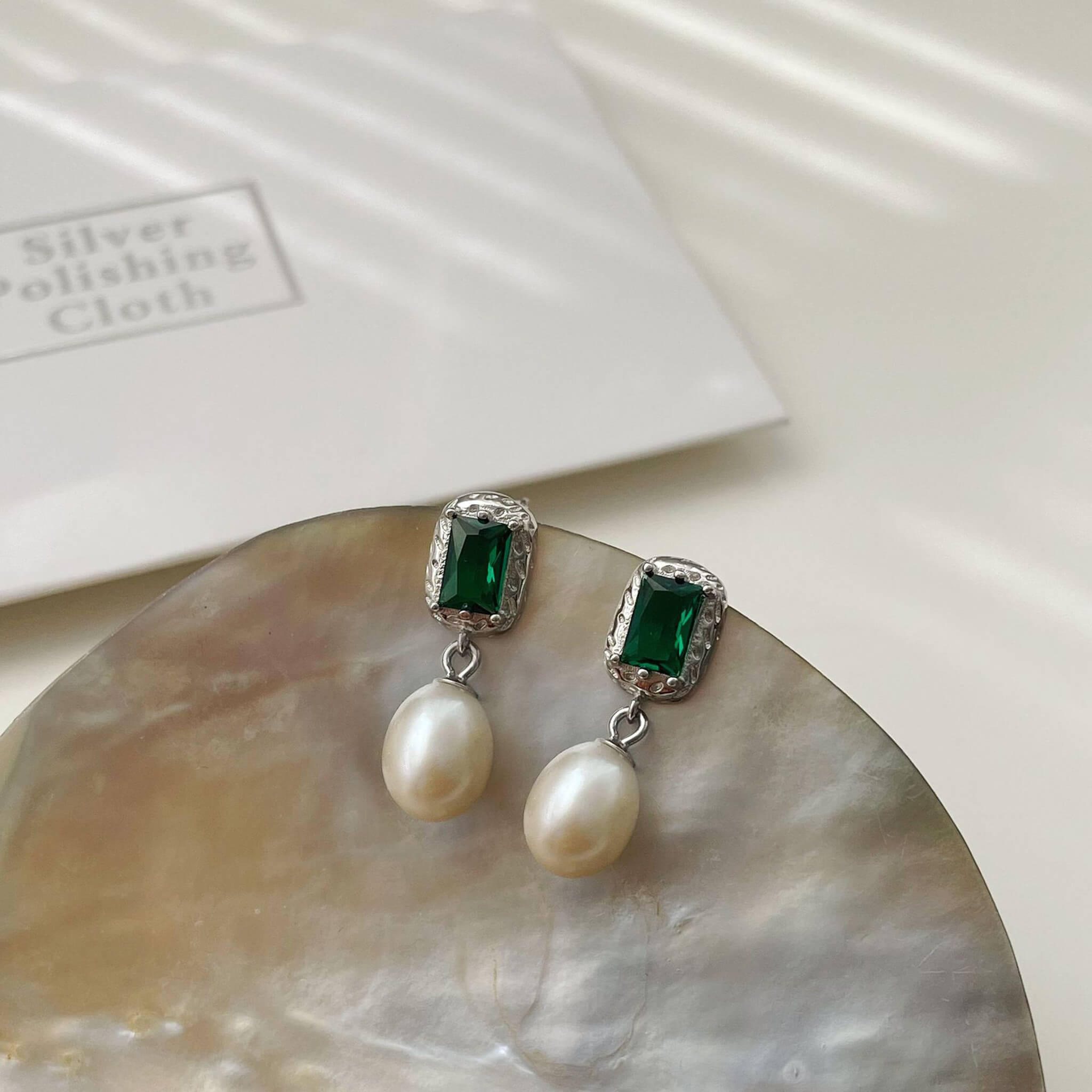 925 Silver French Vintage Green Zircon Freshwater Pearl Elegant Courtly Earrings  UponBasics   