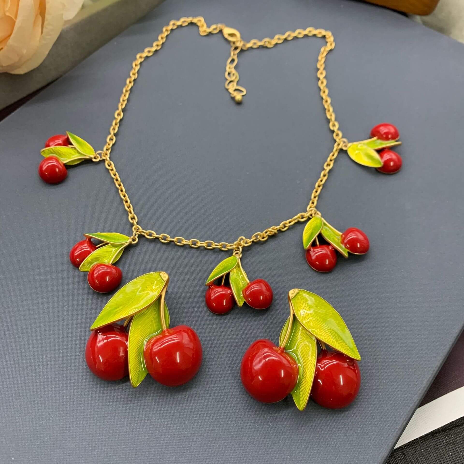 Fresh and Elegant Cherry Red Dripping Oil Necklace and Earrings Set  UponBasics 2PCS-SET Red 
