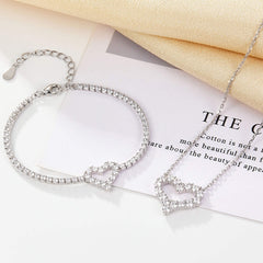 Women's 925 Silver Micro-Set Circular Heart Pendant Bracelet Necklace Set  UponBasics 2PC-SET Silver 