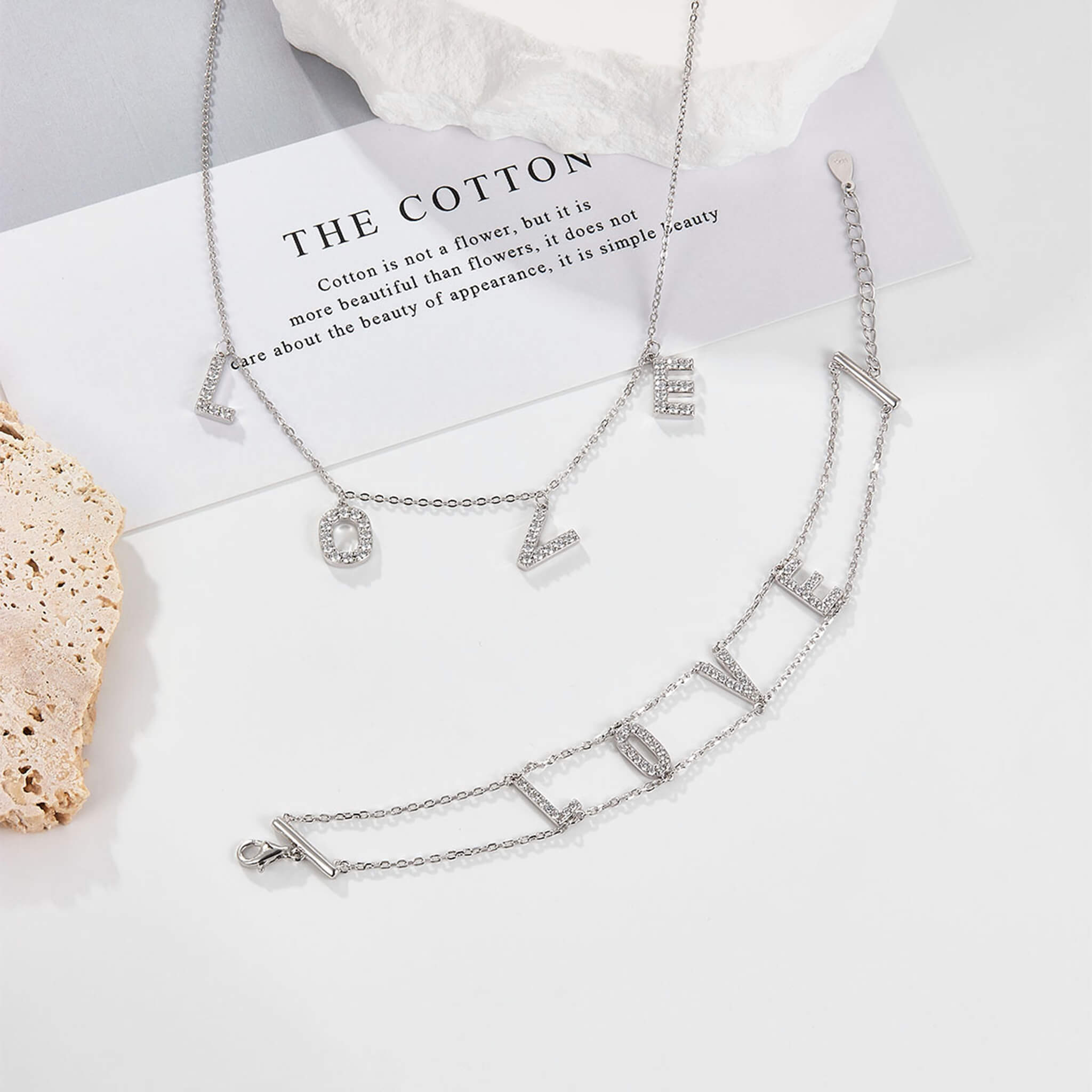 Minimalist S925 Silver LOVE Pendant Necklace and Bracelet Set with Inlaid Rhinestone  UponBasics 2PCS-SET Silver 
