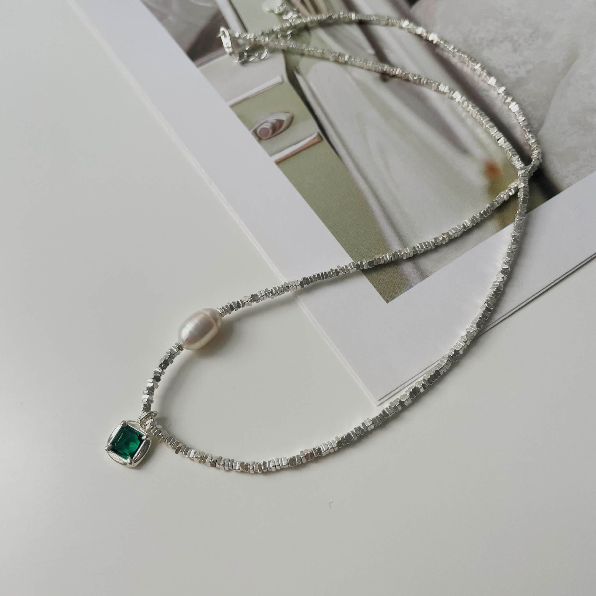 925 Silver Crushed Silver Green Zircon Necklace and Bracelet Set  UponBasics   