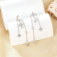 925 Silver Long Asymmetrical Star and Moon Tassel Earrings  UponBasics   