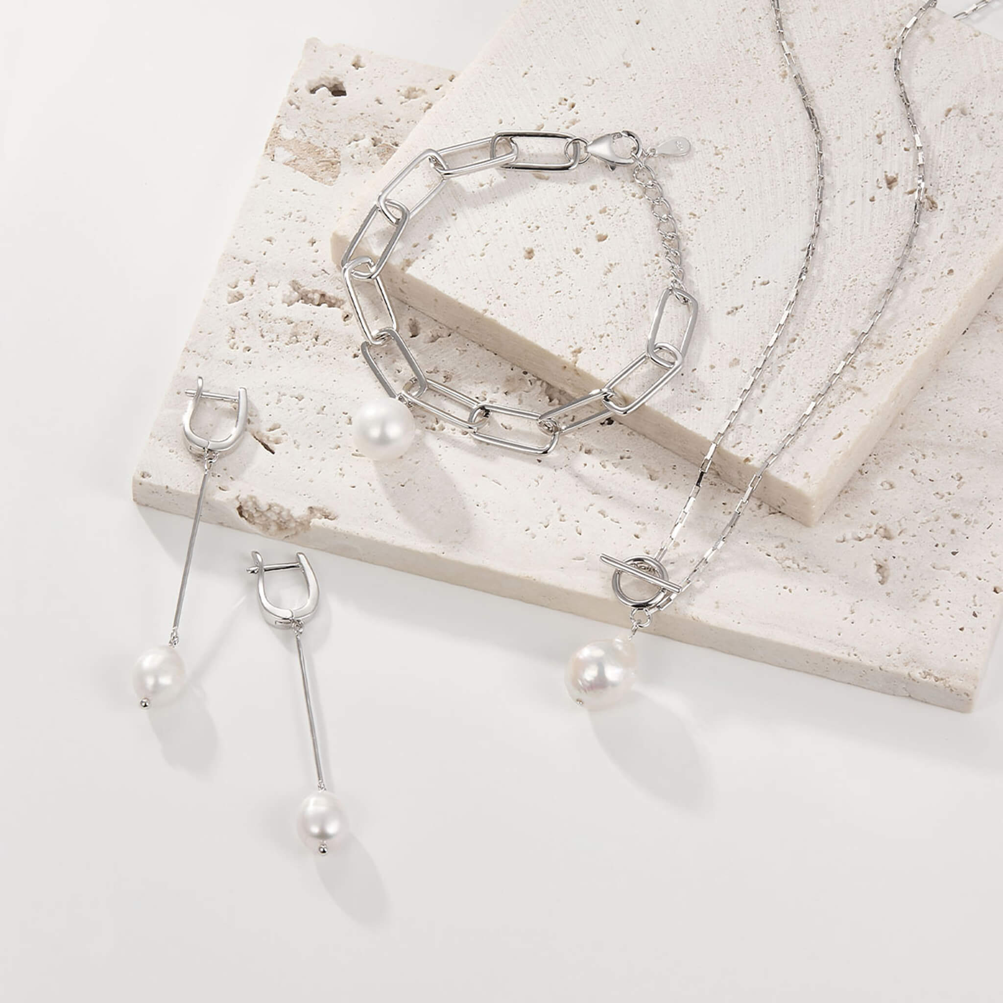 Women's 925 Silver Natural Pearl Pendant Earrings Bracelet Necklace  UponBasics Silver 3PC-SET 