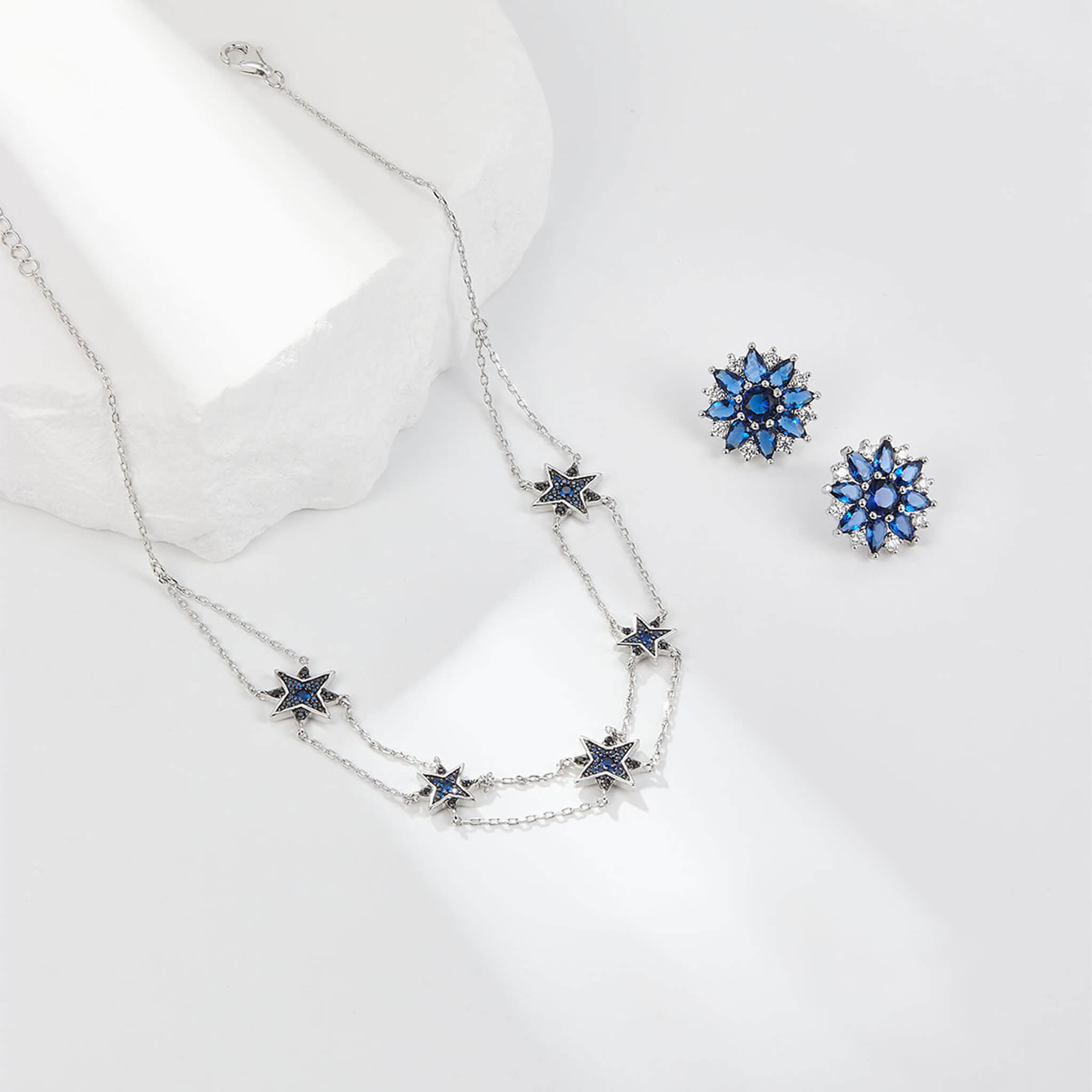 S925 Silver Snowflake Blue Crystal Earrings Necklace Set  UponBasics 2PCS-SET Silver 