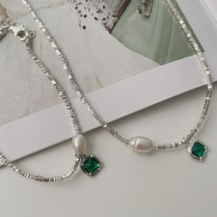 925 Silver Crushed Silver Green Zircon Necklace and Bracelet Set  UponBasics   