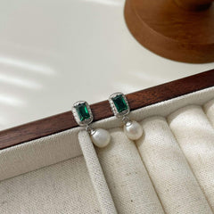 925 Silver French Vintage Green Zircon Freshwater Pearl Elegant Courtly Earrings  UponBasics Golden  