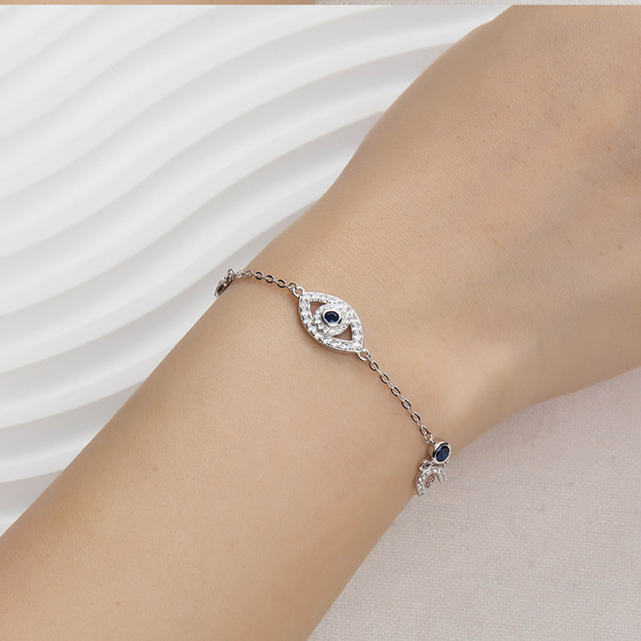 925 Silver Bracelet with U-Shaped Rhinestone Pendant, Personalized Evil Eye Bracelet  UponBasics   