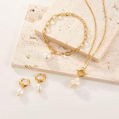 Women's 925 Silver Natural Pearl Pendant Earrings Bracelet Necklace  UponBasics Golden 3PC-SET 