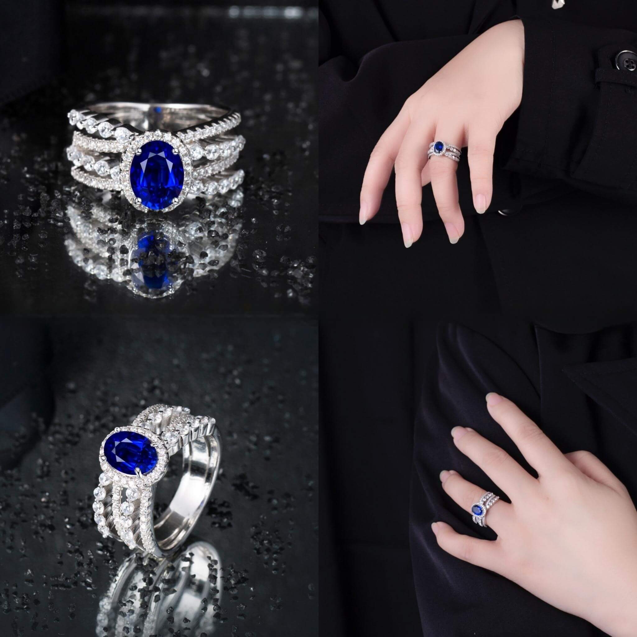 925 Silver Gemstone Blue High Carbon Rhinestone Ring  UponBasics   